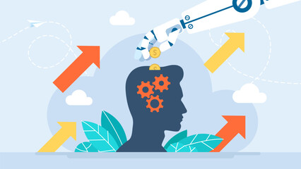 A robot hand throws money into a piggy bank in the form of a human silhouette. Investment in knowledge. Artificial Intelligence. Business porters. Financing creative projects. Vector illustration