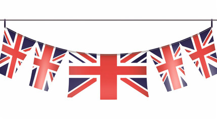 United Kingdom flag on the ropes on white background. Set of Patriotic bunting flags. Bunting decoration of United Kingdom flag,  Created using generative AI tools.