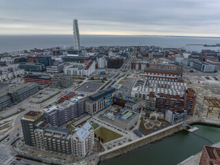 Aerial view of the Turning Torso of Malmo , the tallest building is Skandinavia 