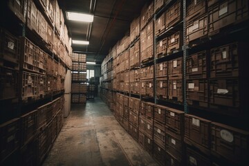 A storage facility filled with numerous boxes for storage and organization. Generative AI