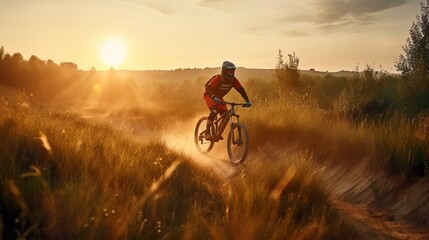 Naklejka na ściany i meble Ein Mountaibiker fährt im Sonnenuntergang durch die Landschaft, generative AI