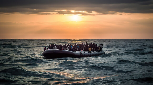 Schlauchboot mit Fl&uuml;chtlingen auf dem Mittelmeer, Angst und Hoffung, generative AI