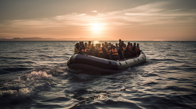 Schlauchboot mit Flüchtlingen auf dem Mittelmeer, Angst und Hoffung, generative AI