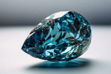 Side view of a large, ornate, blue diamond on a white background. Generative AI