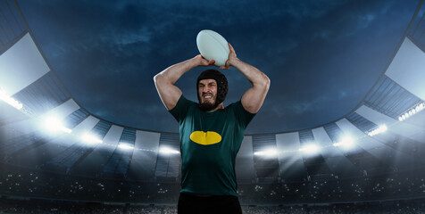 Man, professional rugby player in uniform standing with ball and emotional face at 3D stadium with...