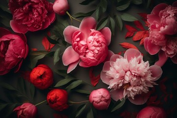 Repeating design of red and pink peonies and leaves. Generative AI
