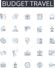 Budget travel line icons collection. Hiking, Swimming, Tennis, Running, Cycling, Kayaking, Climbing vector and linear illustration. Surfing,Skiing,Snowboarding outline signs set Generative AI