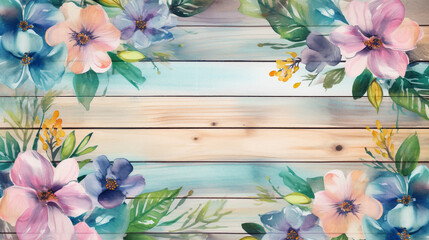Rectangular wooden background with colorful flowers in watercolor paint with Generative AI Technology
