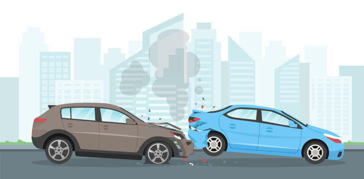 Car accident concept. Gray car crashed into blue vehicle, accident in urban area. Crash at road, traffic. Danger and damage, risk. Broken automobiles. Cartoon flat vector illustration