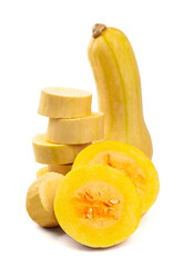 Muscat pumpkin on a white background. fresh sliced pumpkin. Pumpkin seeds. Ripe pumpkin. Autumn. Butternut pumpkin