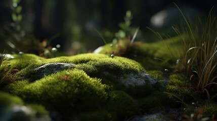 Naklejka na ściany i meble Mossy green ground in the forest, Ai generated image, Digitally generated image