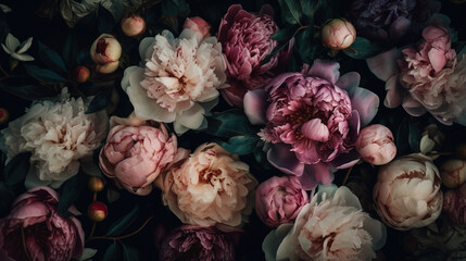 Peonies flat lay background. AI 