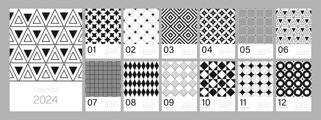Calendar template for 2024. Vertical design with black and white retro geometric ornaments. Editable illustration page template A4, A3, set of 12 months with cover. Vector mesh. Week starts on Monday.