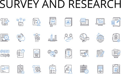 Survey and research line icons collection. Census, Sampling, Investigation, Query, Scrutiny, Inquiry, Analysis vector and linear illustration. Examination,Study,Polling outline signs set Generative AI - obrazy, fototapety, plakaty
