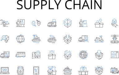 Supply chain line icons collection. Value stream, Logistics nerk, Manufacturing flow, Distribution channel, Product pipeline, Operations pipeline, Resource pipeline vector and linear Generative AI