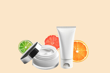 Care cosmetics with high vitamin C content. White empty tube, jar of cream and halves of fruit on a beige background.