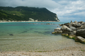 Seascape mountain Conero National Park, view of the Urbani beach, Marche region, Italy - 596354713