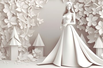 Modern simple art wedding invitation card. Bride  in wedding  beautiful dress. Save the Date invitation. Pastel colors. Flyer for wedding salon. AI generative
