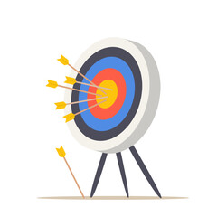 Target with arrow. Concept of multiple hitting the target. Accurate achievement of success and the task at hand. Sports equipment for archery. Isolated flat vector illustration.