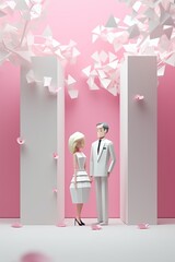 Wedding and event invitation design. Stylized  bride and groom character.  Romantic and pastel hues. Invitation, wedding, marriage, ceremoni. AI generative