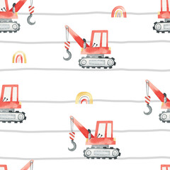 Seamless pattern with cute construction cars and rainbows on a striped background. Watercolor illustration for children. Crane. Truck. Building equipment. Kids texture for fabric, textile, apparel.