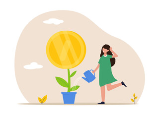 Fototapeta na wymiar Financial or investment growth concept. Businesswoman investor finish watering growing money plant seedling with coin flower. Increase earning profit and capital gain, success in wealth management.