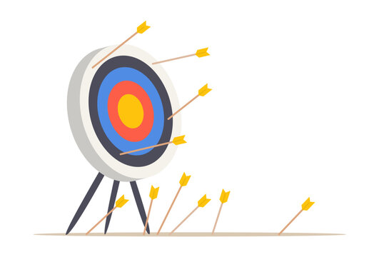 Many arrows missed hitting target mark. Shot miss. Business challenge failure metaphor. Multiple unsuccessful attempts to hit an archery target. Isolated flat vector illustration.