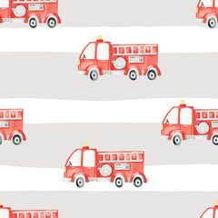 Seamless pattern with cute fire trucks on a striped background. Watercolor illustration for children. Rescue. Firefighters. Emergency. Children's texture for clothing, fabric, interior, textiles.