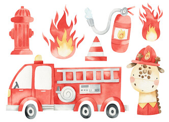 Set of watercolor cliparts fireman giraffe, fire truck, fire, hydrant, extinguisher. Watercolor illustration for kids. Isolated on white background. Fire station. Professions. Rescuers. Emergency.
