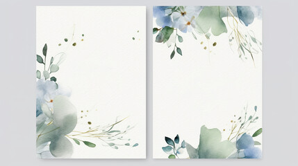 Elegant set of wedding invitation card template with  floral and leaves decoration. Watercolor background on white  AI generative