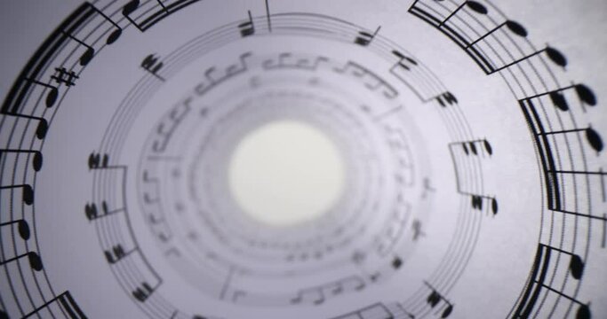 White paper with musical notes rolled up closeup background. Music writing concept