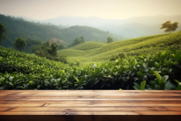 Blank Wooden Board Mockup with Green Tea Plantation Background, Perfect for Product Display and Decoration