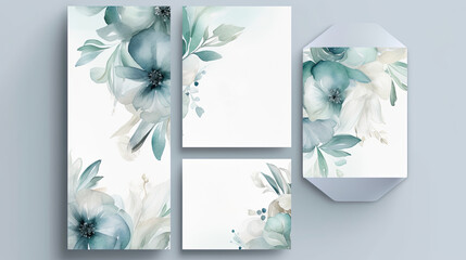 Elegant set of wedding invitation card template with  floral and leaves decoration. Watercolor background on white  AI generative