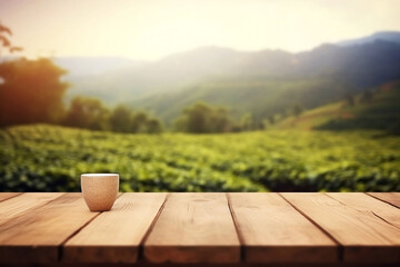 Fototapeta premium Blank Wooden Board Mockup with Green Tea Plantation Background, Perfect for Product Display and Decoration
