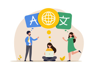 Concept of language learning, linguistic diversity, translation or international communication, global or multilingual education. Young people talk with the symbol of foreign international language. 