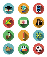 Flat education circle icons set with long shadow effect