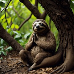 Naklejka premium Cute sloth doing yoga under a big tree created with Generative AI 