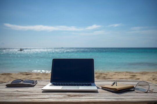 Laptop on the beach with sea at background. AI generative © SANGHYUN