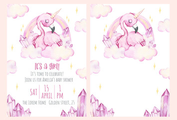 Baby Shower Invitation Template. It's a girl. Watercolor illustration of flamingo unicorn, crystals, clouds. Cartoon pink magic girl baby shower poster. A4 template size. Cute pink bird.