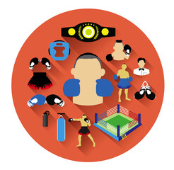 Illustration of flat boxing icons set with long shadow effect