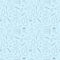 Medical seamless pattern, clinic vector illustration. Hospital thin line icons - thermometer, check, tests, drugs, first aid kit, syringe, pills, microscope, stethoscope.