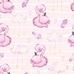 Seamless pattern with cute pink flamingos, clouds, crystals and hearts on pink striped background. Watercolor illustration for children. Girly print for fabric, clothing, kids room. Boho kids texture.
