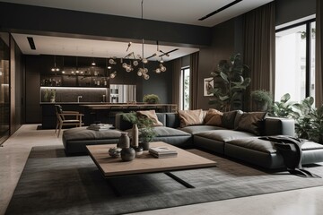 Fototapeta na wymiar Stylish & lavish living area design with modern flair. Generative AI