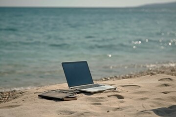 Laptop on the beach with sea at background. AI generative