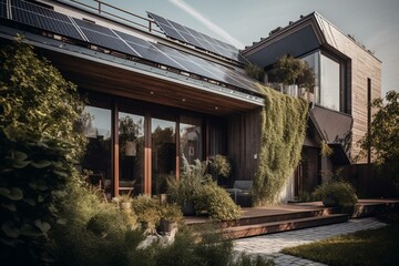 Sustainable house powered by solar energy. Eco-friendly and clean living lifestyle. Generative AI