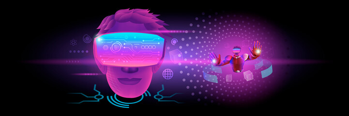 Banner of Metaverse Technology concept. A man's head use VR virtual reality goggle for experiences of metaverse virtual world