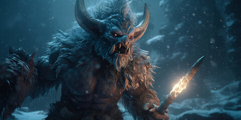 Brutal looking orc warrior. Goblin warlord in a snowy landscape. generative ai. Troll warrior in the winter mountains - obrazy, fototapety, plakaty