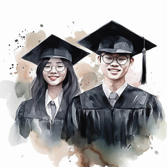 Obraz premium Portrait of a young couple in graduation cap with watercolor background. Generative AI