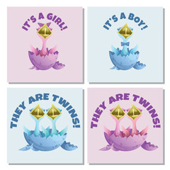 A set of postcards with chickens hatched from an egg to announce the gender of the expected (born) baby (girl, boy, twins, girls, boys) - vector illustration, cartoon, childish style