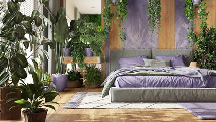 Urban jungle, minimalist bedroom in purple and wooden tones. Close-up, bed, parquet floor and many houseplants. Home garden interior design. Biophilia concept